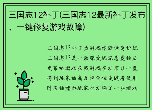 三国志12补丁(三国志12最新补丁发布，一键修复游戏故障)
